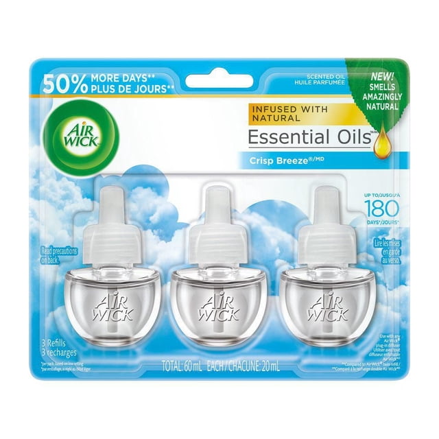 Air Wick Air Recharge d'Huile Parfumée pour Assainisseur à Brise Brise, Lot de 3 Recharges Comprenant Trois Bouteilles en Verre Transparent avec Capuchons Blancs Embossés du logo Air Wick, Chaque Bouteille Contenant 20 ml d'Huile Parfumée Infusée d'Huiles Essentielles Naturelles, Conçue pour une Libération Continue du Parfum jusqu'à 180 Jours, Affichée sur un Emballage Bleu avec des Graphiques Nuage, Idéale pour Conserver un Parfum Frais à la Maison dans n'Importe Quelle Pièce.