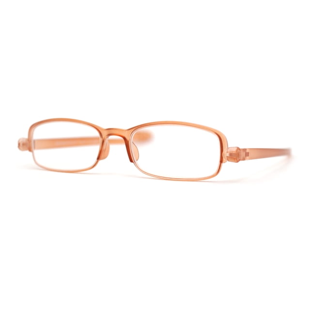 Adjustable Lens Angle Plastic Rectangular Reading Glasses Peach +1.00 featuring a lightweight composite plastic frame in a peach hue. The narrow rectangular design includes rotating lens angle hinges for enhanced functionality. Equipped with premium polycarbonate magnifying lenses offering UV protection. Dimensions: 5 1/4 inches (132mm) by 1 1/8 inches (30mm).