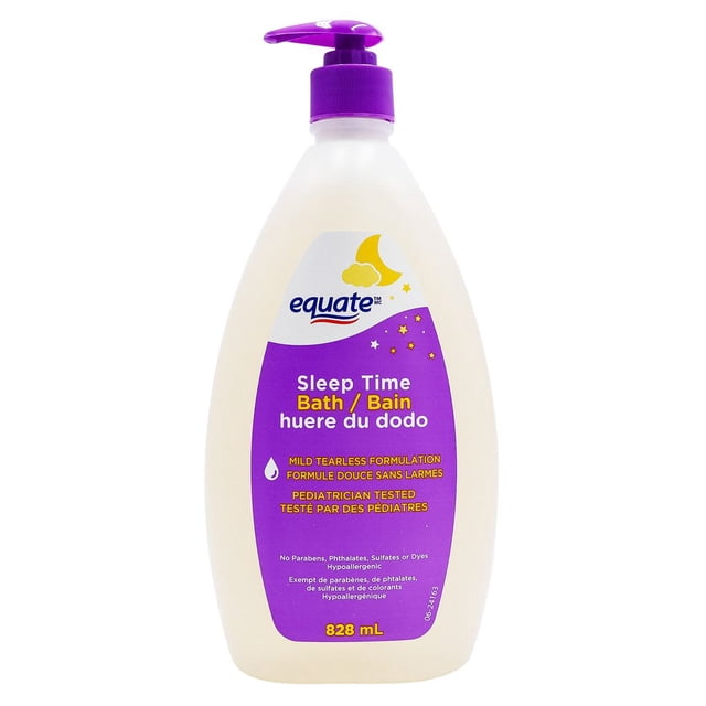 Equate Baby Sleep Time Bath 828 ml in a translucent white bottle with a purple pump and label, featuring a mild tearless, hypoallergenic formula free of parabens, phthalates, sulfates, and dyes, pediatrician tested for gentle nighttime skin care.