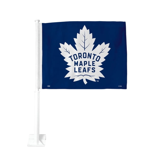 Le Coffre-Fort Sportif Maple Leafs de Toronto Drapeau de Voiture à une Face avec une Feuille d'Érable Blanche et un Texte Bleu Marine « Maple Leafs de Toronto » sur Tissu polyester Bleu Résistant aux Intempéries, Fixé à un Poteau en Plastique Blanc pour Fenêtres Ou Portes de Voiture, Mesurant 24 par 2 Pouces, Idéal pour Afficher la Fierté d'Équipe pendant la Conduite.