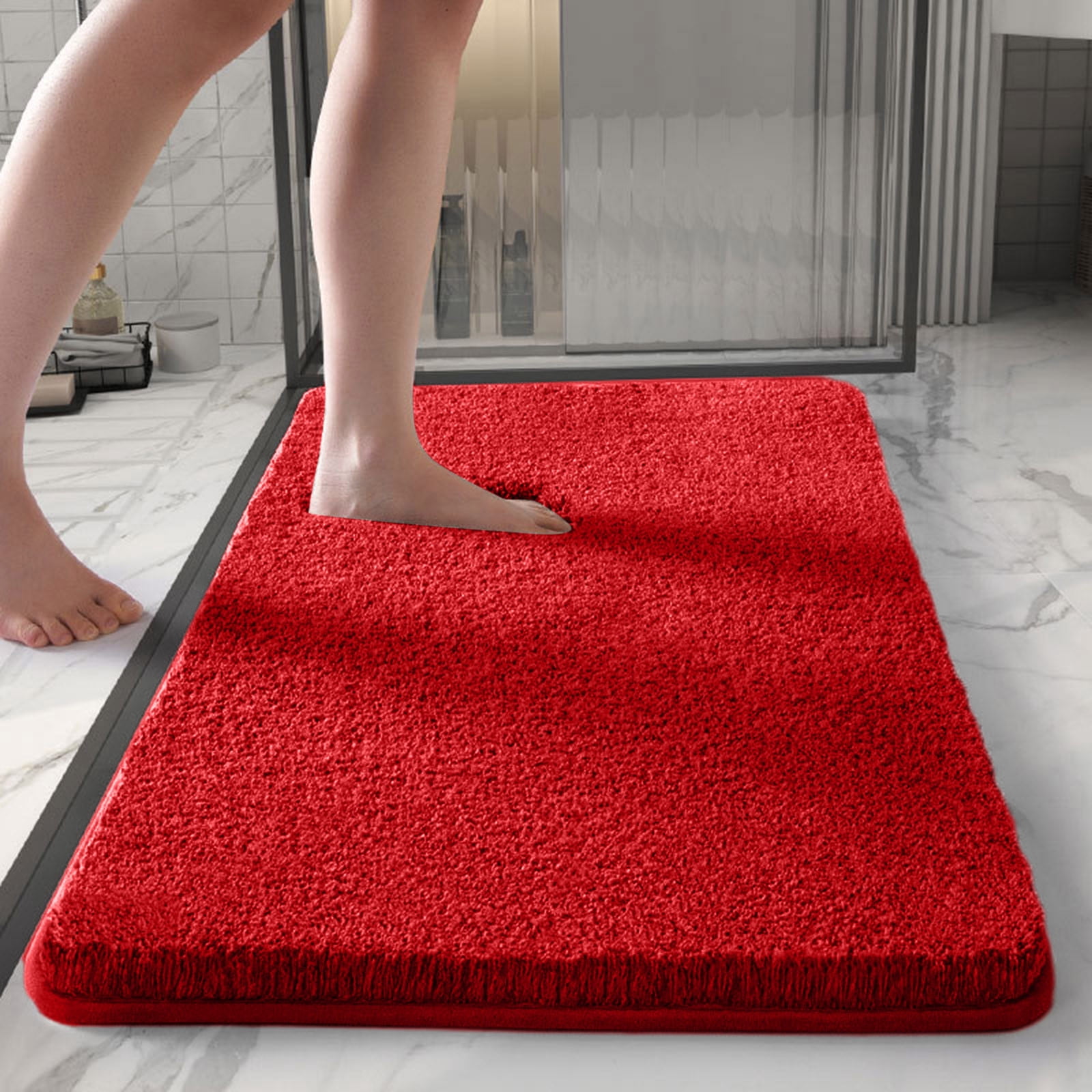 Bathroom Door Mat - Super Absorbent Fiber Floor Mat, Quick-Drying Non-Slip Bath Rug, Thick Soft Bath Mat for Shower Tub, Machine Washable, Red, JKODE