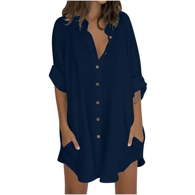 Timegard Chemises pour Femmes en Coton et Lin à Boutons, Col à Revers, Blouse à Manches 3/4, Hauts d'Automne avec Poches