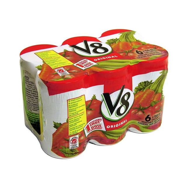 V8 Cocktail de Légumes, Lot de Six, Boîtes de 156 ml, Présentant un Mélange original de Jus de Légumes avec des Tomates, des Carottes, du Céleri et des Betteraves, Sans Sucre Ajouté, Sans Arômes Ni Agents de Conservation Artificiels, et une source de Fibres, Emballé dans un Emballage Rouge et Blanc.