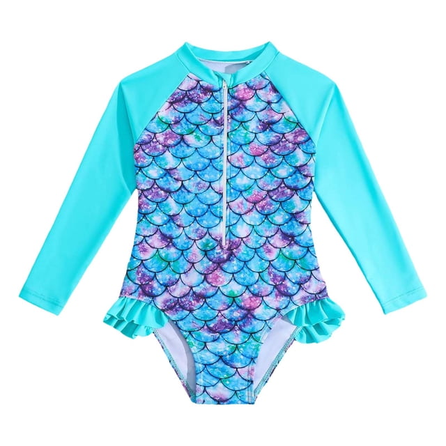 Sunnyoo Little Girl's Long Sleeve Zip-Up Rash Guard One-Piece Swimsuit Bathing Suit