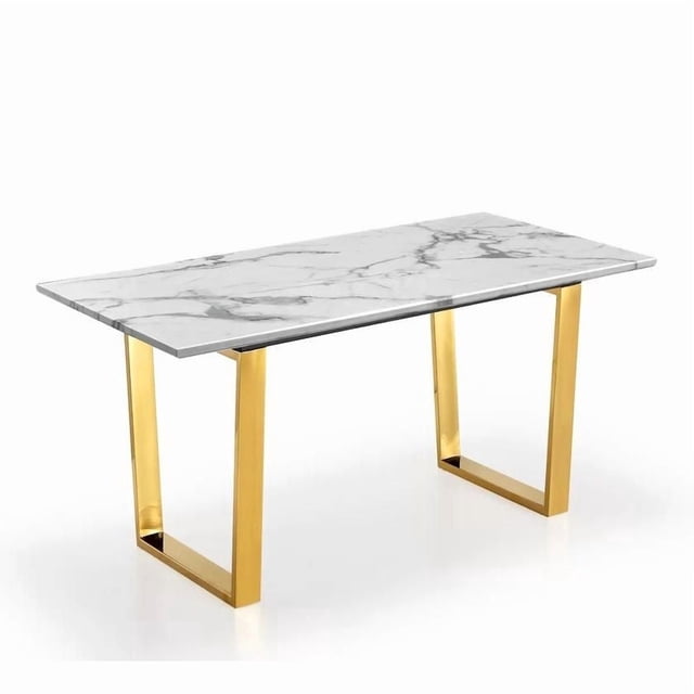 table à Manger Rectangulaire en Marbre 63 Pouces en Or avec un Dessus Rectangulaire en Marbre Blanc Montrant des Veines Gris Naturelles et une base en Métal Doré avec Deux Pieds Rectangulaires, Convient aux Cuisines et aux Salles à Manger et Est Souvent Utilisé comme un Espace de Travail Stylé