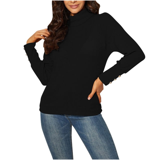Lenpel Women's Turtleneck Sweaters Lightweight Long Sleeve Slim Ribbed Knit Pullover Tops Fall Fashion Outfits(Black,Large)