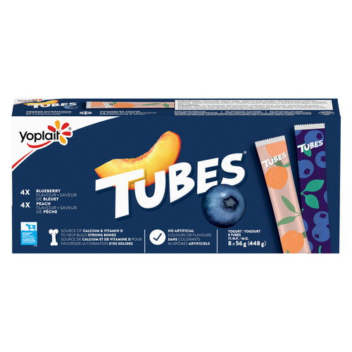 Yoplait Tubes de Yogourt 1 %, Pêche / Bleuet, Collations pour Enfants, 8x56g
