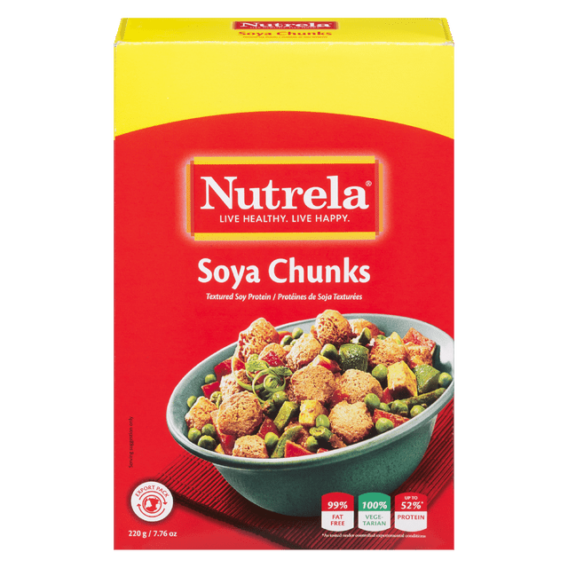Nutrela Soya Chunks 220g box displaying textured soy protein pieces in a green bowl with mixed vegetables, highlighting plant-based protein, 99% fat-free, 100% vegetarian, and up to 52% protein on red and yellow packaging.