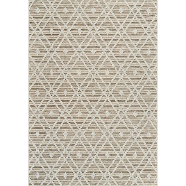 Rug Branch Hogar Abstract Indoor Outdoor Area Rug in brown and cream, featuring a woven geometric diamond lattice pattern with small dot accents, ideal for living rooms, bedrooms, dining rooms, kitchens, patios, and balconies.