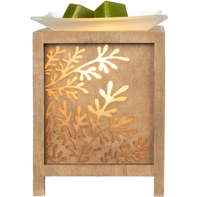 ScentSationals Chauffe-Plat Pleine Grandeur Evelyn avec Cadre en Bois Présentant des Motifs de Feuilles Découpées Illuminées et une Coupelle en Verre Givré Tenant des Fondants de Cire Verts, Offrant une source de Chaleur Sûre et Sans Suie pour des cubes de Cire Parfumée d'Intérieur.