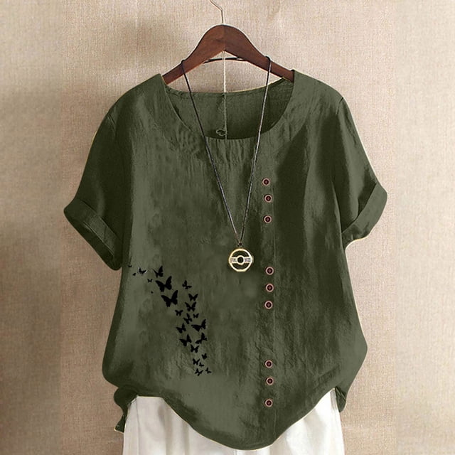 Soldes de Liquidation d'Été Iumwxz Grande Taille Lin Ample Confortable Décontracté Hauts Blouses pour Femmes T-Shirts à Imprimé Nœuds Col Rond Manches Courtes Blouse Hauts pour Dames Athlétique Aller à l'École