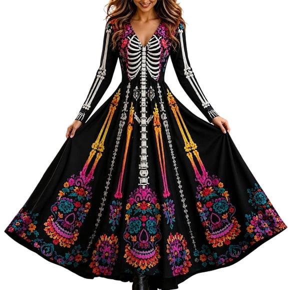 Halloween Dresses for Women Fancy Holiday Party Cosplay Gothic Maxi Dress V Neck Short Sleeve Funny Skeleton Print Costume Western Vintage Holiday Plus Size Elegant Flowy Bloody Dresses