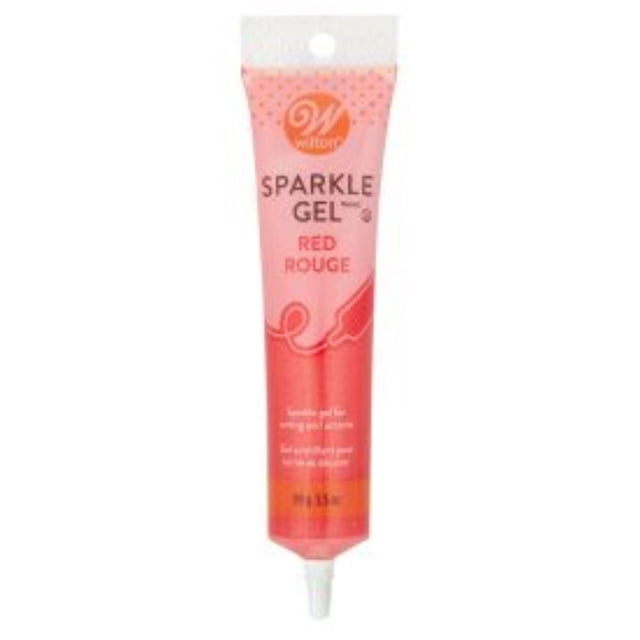 Wilton Red Sparkle Gel in a 99 g (3.5 oz) squeezable tube with a pink and red label, ideal for decorating cupcakes, cookies, and fondant with sparkly red accents and writing that does not harden.