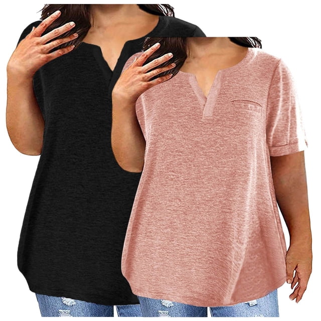 tarylea 2PC Womens Plus Size Short Sleeve Shirts Solid Color T Shirts Round Neck Plain Basic Tees