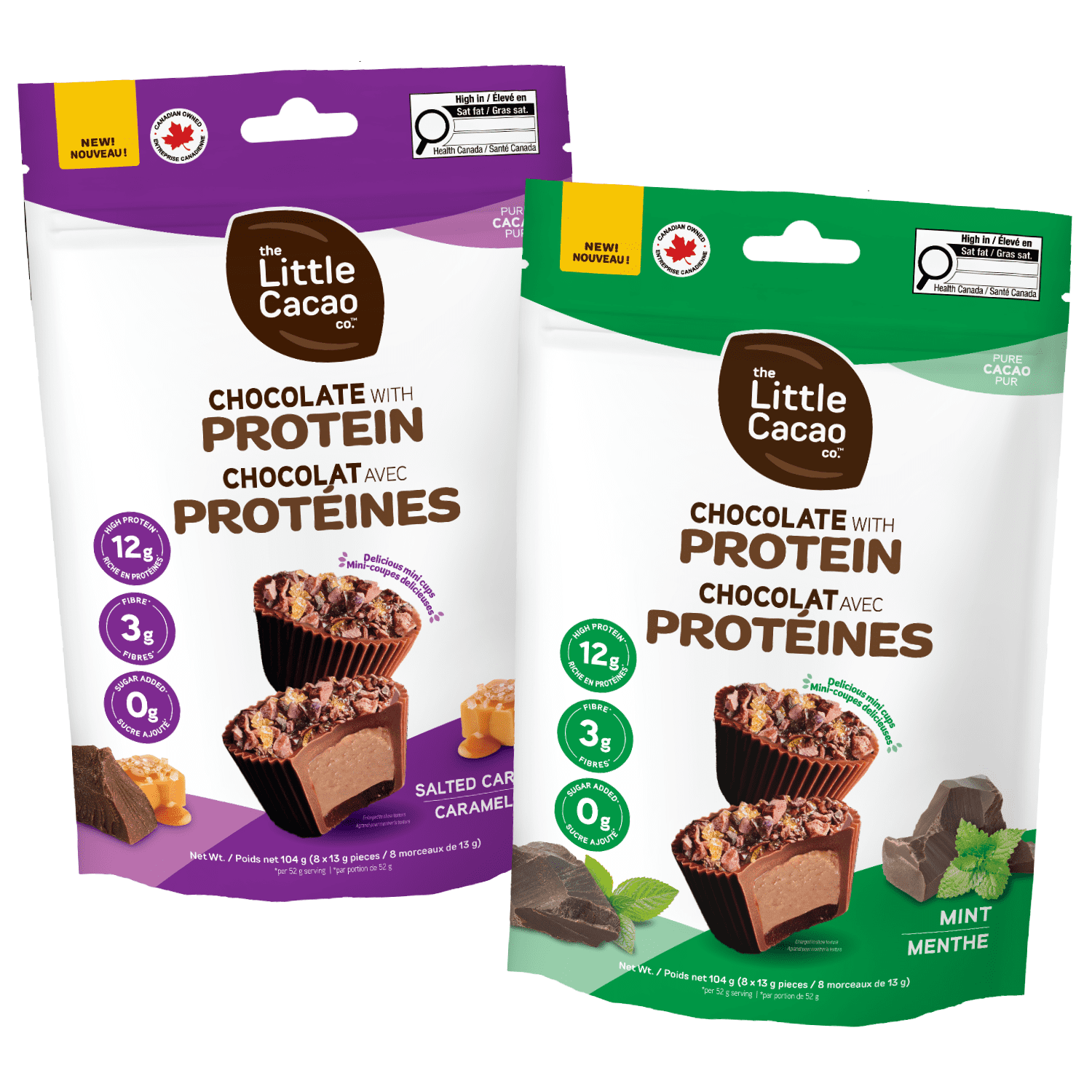 The Little Cacao Co. - Mini Protein Cups, with Cocoa Nibs - High Protein (12g), 9g Fibre, No Sugar, Non-GMO, Keto Friendly Peruvian Cacao Cups by The Little Cacao Co. (Mint & Salted Caramel) - 2x 104g