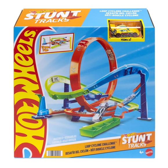 Hot Wheels Action Loop Cyclone Challenge Track Set with 1:64 Scale Toy Car, Easy Storage