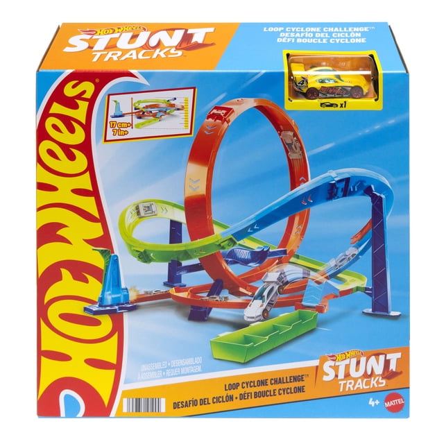 Hot Wheels Action Loop Cyclone Challenge Track Set with 1:64 Scale Toy Car, Easy Storage