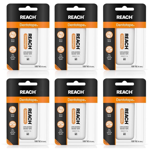 Reach Dentotape Fil Dentaire Ciré avec Surface de Nettoyage Extra Grand pour Grands Espaces entre les Dents, Non Aromatisé, 100 Yards (Lot de 6)