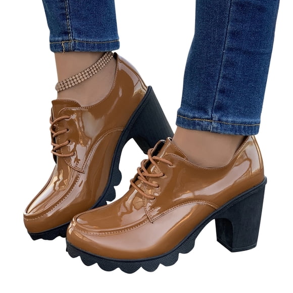 LOVZFMLL Women's Chunky Heel Platform Lace Up Vintage Oxfords Shoes Casual Round Toe Dress Shoes for Work Office Business Travel Brown 7