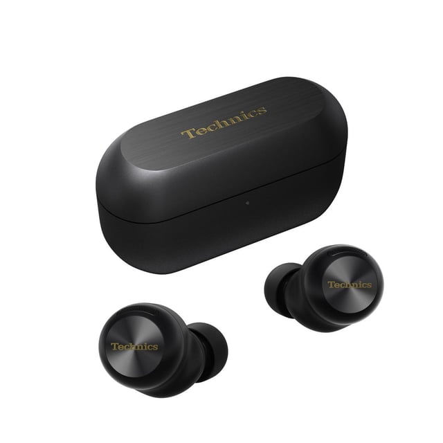 Technics EAH-AZ100 Reference Class True Wireless Noise Cancelling Earbuds in black, paired with a matching charging case featuring a brushed finish and gold Technics logo. The earbuds have a circular metallic accent and gold branding, offering a lightweight, ergonomic fit. Equipped with 10mm drivers for high-fidelity sound, adaptive noise cancelling, and Dolby Atmos support. Includes IPX4 water resistance and compatibility with the Technics Audio Connect app for personalized settings.