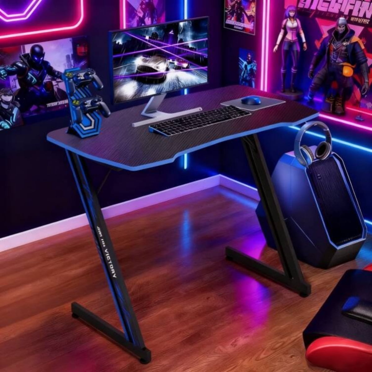 39.4 inch Gaming Desk Z-Shaped Computer Desk with Headphone Hook, Ergonomic Home Office Desks for Small Places PC Gamer Workstation, Blue