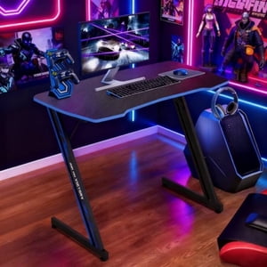 39.4 inch Bureau de jeux Bureau d'ordinateur en forme de Z avec crochet d'écouteur, bureaux d'accueil ergonomiques pour les petits endroits PC Station de travail Gamer, Bleu