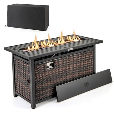 Costway Table de Foyer au Propane en Rotin de 45 Pouces avec Pierres de Verre et Housse de Protection, Cadre en Métal