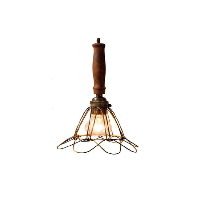 Victoria Pendant ceiling light with a wooden handle and exposed bulb inside a wire cage frame, designed to blend with Victorian home décor; bulb sold separately and suitable for ambient pendant lighting.