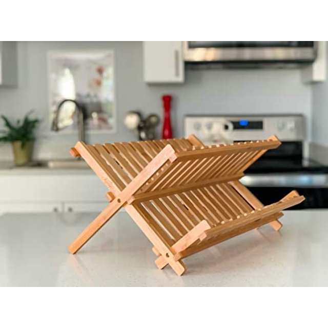 Kozy Kitchen Dish Drying Rack Bamboo Dish Rack Plate Rack collapsible Dish Drainer, Foldable Dish Drying Rack Wooden Plate Rack Made of 100% Natural Bamboo (Natural Bamboo- Natural Bamboo- F