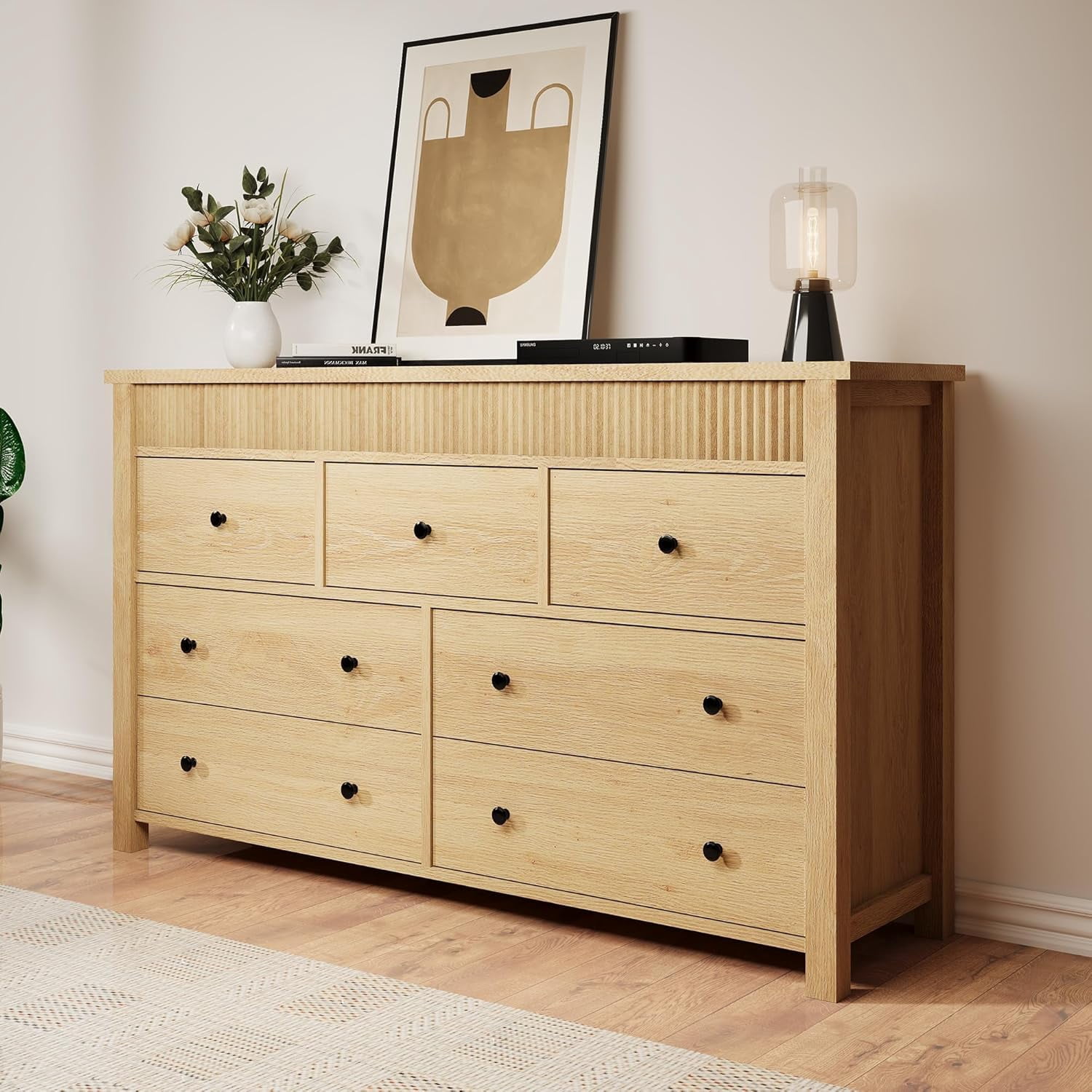 7-Drawer Dresser with Fluted Front Chest of Drawers for Bedroom Living Room Hallway Entryway Natural Oak