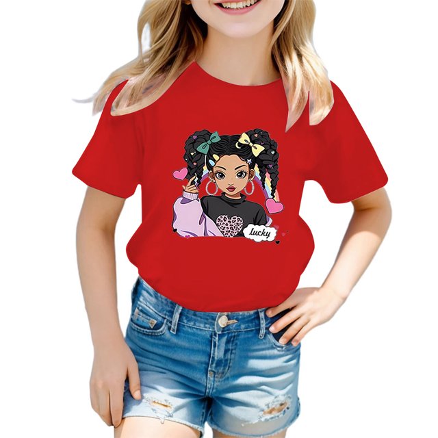 PMVFHDE T-Shirts à Manches Courtes pour Fille Hauts Mignons pour Fille Hauts d'Été Tendance pour Filles Robe T-Shirt Tendance pour Filles T-Shirt Graphique Mignon pour Fille Col Rond T-Shirt à Manches Courtes d'Été Décontracté Rouge, 3-4 Ans