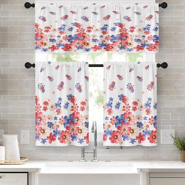 Floral Kitchen Curtains Window Curtains Valance and Tier Set 36 Inch, Blue Pink Flowers Spring Rod Pocket Short Tier Curtain, Abstract Small Cafe Curtains for Kitchen Decor