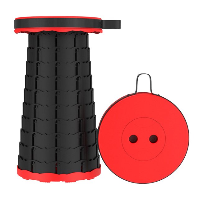 Aqestyerly Portable Foldable Telescopic Stool Lightweight Retractable Travel Stool for Adults Camping HWRETIE. This collapsible telescopic stool features a black and red fish scale structure for enhanced strength and stability. Adjustable height ranges from 2.5 to 17.7 inches, making it suitable for kids and adults. Ideal for camping, kitchen, and dining seating, it includes hand and shoulder straps for easy carrying and a gray business bag for storage. The stool has a 9.8-inch diameter base and non-slip legs for safety.