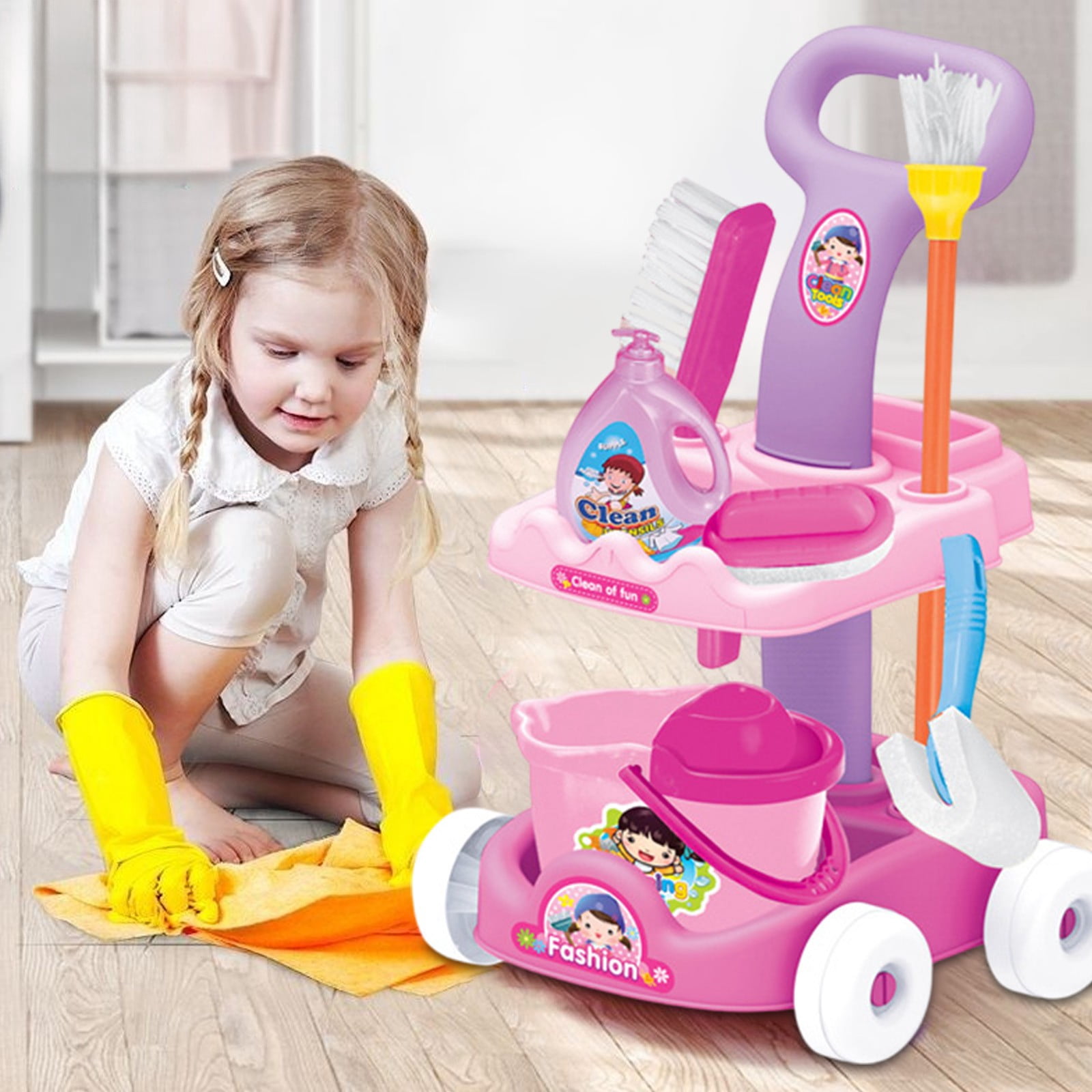 Cehvom Pretend Play Toys, Pretend Play Food Cutting Toys Kitchen Playset,Household Cleaning Cart Toy Pretend Play Bathroom Organizer for Boys and Girls Family Role Playing Toy for Kids