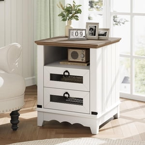 IdeaHouse End Table Farmhouse Side Table 18" Nightstand Industrial Bedside with Charging Station Night Stand 2 Drawers Bed Side Table Open Cubby Wood Sofa Side Table for Living Room Bedroom