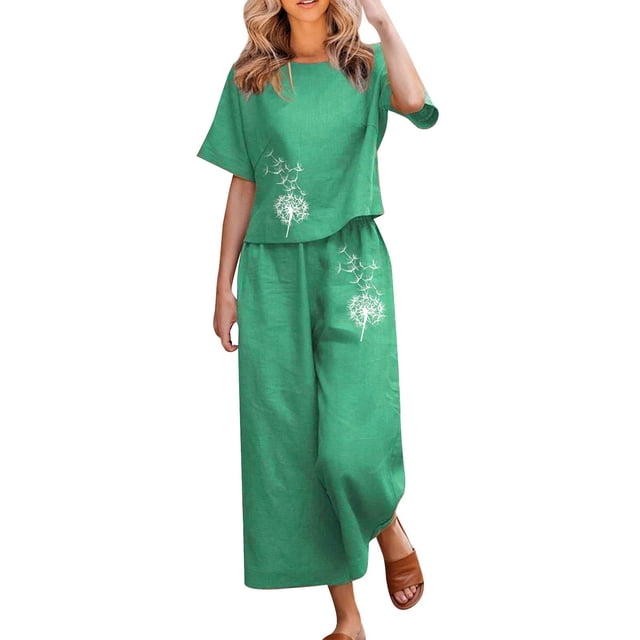 Ensembles en Lin 2025 pour Femmes Grande Taille Tailleurs Pantalons pour Femmes 2 Pcs Pantalons Habillés en Coton pour Dames pour Femmes Blouse Imprimée à Manches Courtes Pantalon Court Ample Tailleur Deux Pièces Pantalon