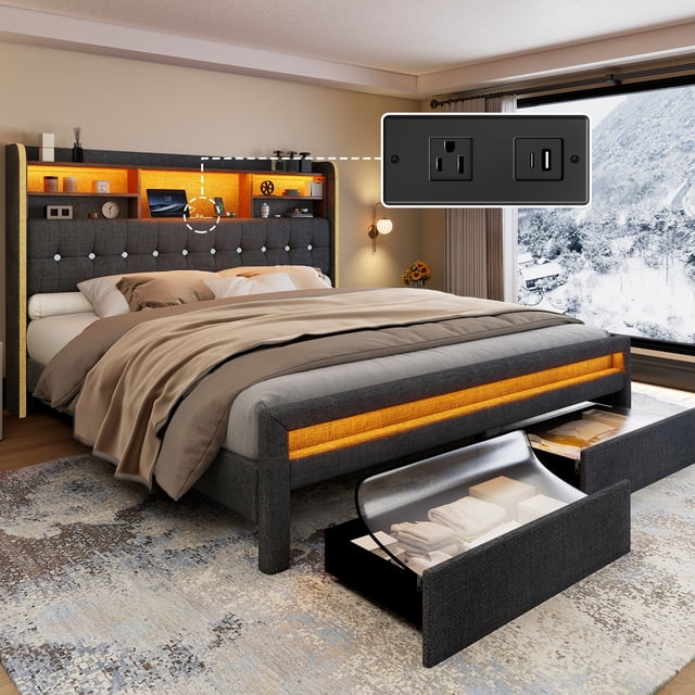 SIBEDS Cadre de Lit Grand avec Tête de Lit à Ailes avec Rangement, Lit Plateforme Rembourré avec Lumières DEL et 2 Tiroirs de Rangement, Station de Recharge, Lin Gris