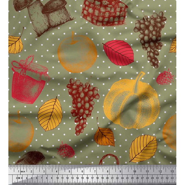 Soimoi Moss Georgette Fabric Mushroom,Grapes & Fresh Print Sewing Fabric Yard 42 Inch Wide