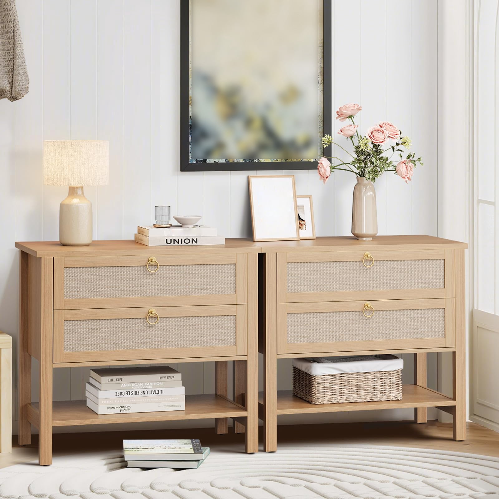 Rattan Nightstand Set of 2, Modern Bedside Table with 2 Drawers, Wood Sofa Side Table for Small Spaces, Accent End Table for Living Room