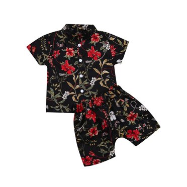 Xingqing 2PCS Infant Kids Boys Lapel Flower Printed Short Sleeve Shirt Cotton Shorts