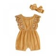 thumbnail image 1 of Baby Lace Little Flying Sleeve One-Piece Romper + Headscarf Female Baby Linen Back Button Lace Edge Romper  Two-Piece Set, 1 of 13