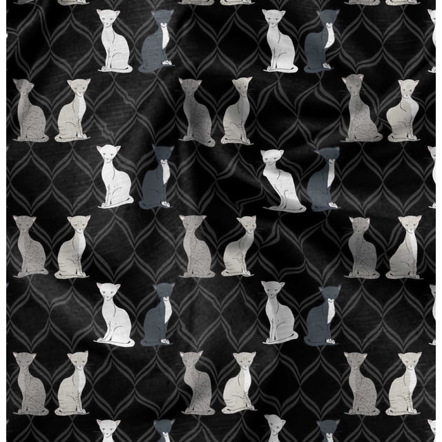 Soimoi Black Rayon Fabric Quatrefoil Cat Animal Fabric Prints by Yard 42 Inch Wide