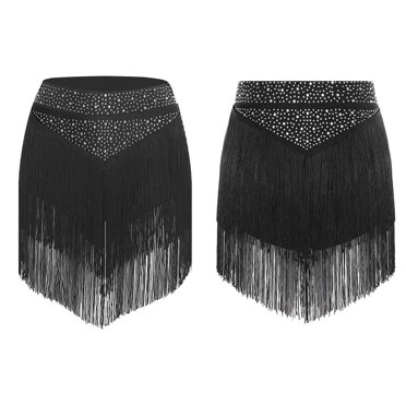 Raenseen Women's Ballroom Latin Dance Fringe Skirt Elastic Waist Tango Rumba Salsa Tassel Dance Mini Black L
