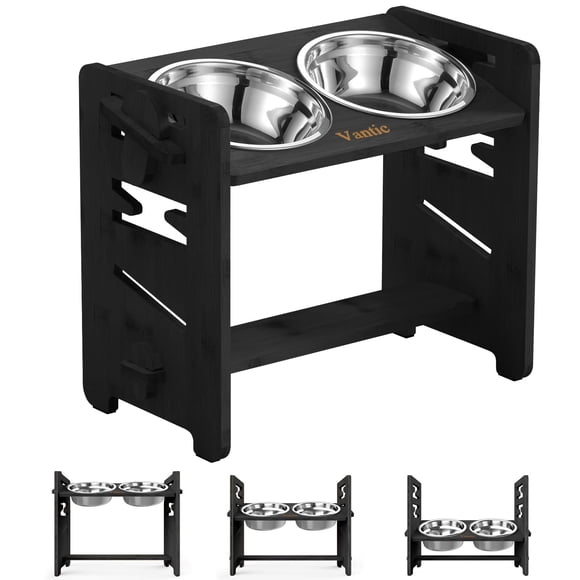 Vantic Elevated Dog Bowls Adjustable Raised Dog Bowl Stand for Medium Sized Pet Sturdy Bamboo Food Feeder with 2 Stainless Steel Dishes Black