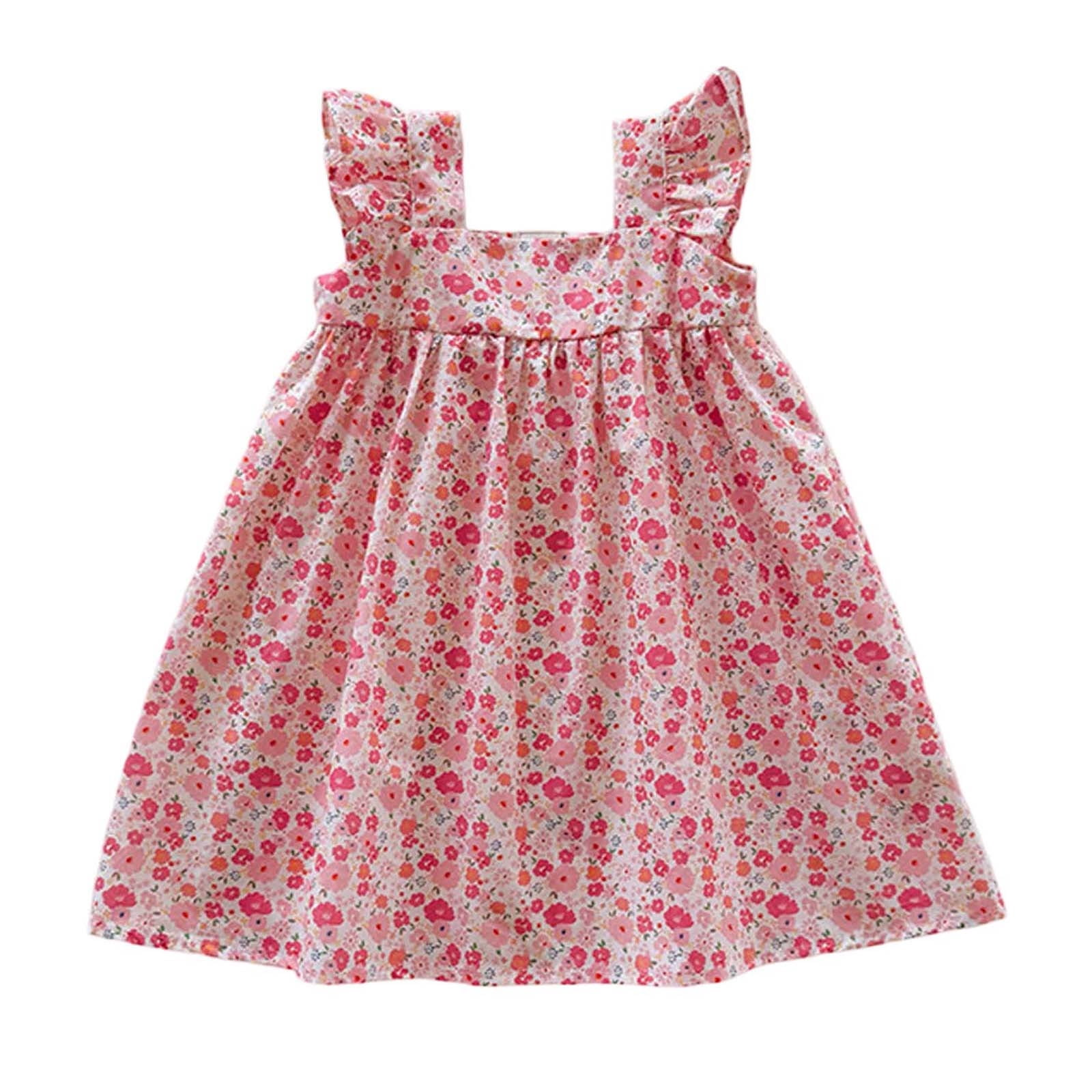 MEZZALL Robe à Manches Volantées pour Tout-Petites Filles, Imprimés de Fleurs Colorées, Robe de Danse et de Fête, 6-7 Ans, Confort, Robe d'Été pour Enfants
