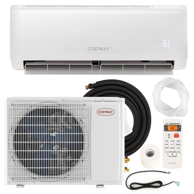 Costway Climatiseur Mini-Split 12 000 BTU avec Thermopompe et Télécommande. Comprend des Unités Intérieures et Extérieures, une Télécommande et une Trousse d'Installation avec des Tuyaux en Cuivre de 13 Pi et des Fils de communication. Doté d'Une Technologie à Onduleur, 4 modes de Fonctionnement (Froid, Sec, Chaleur, Ventilateur) et un Réfrigérant R32 Écoresponsable. Idéal pour les Espaces jusqu'à 750 Pi2. Ce Climatiseur Sans Conduits Offre un Refroidissement et un Chauffage Efficaces avec une Cote SEER2 de 21.