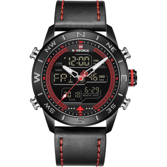 Montres pour Hommes à Double Heure Analogique Numérique Rétroéclairage Sport Décontracté Montre-Bracelet Étanche Bracelet en Cuir Bleu