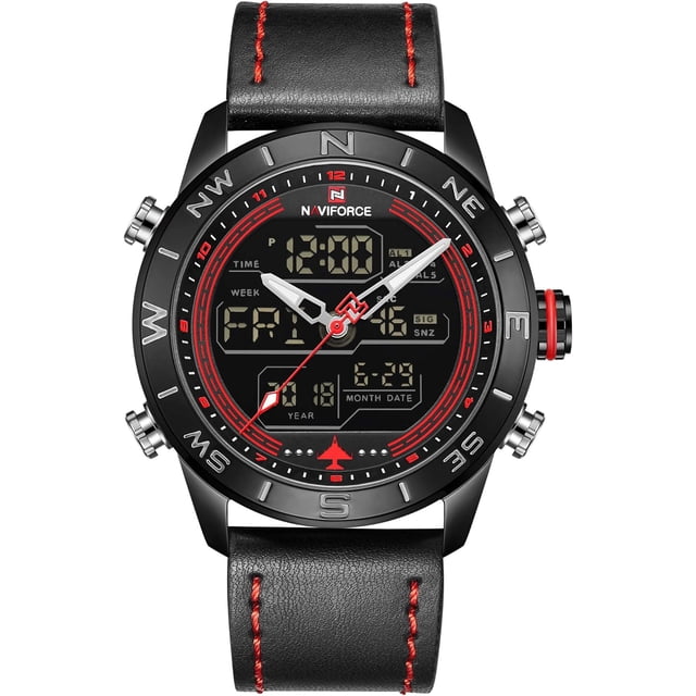 Men's Dual Time Watches Analog Digital Backlight Sport Casual Waterproof Wrist Watch with a black dial featuring both analog and digital displays. The watch includes a red and white accent design, a black leather band with red stitching, and a stainless steel case. Features include day, date, and time display, chronograph functionality, and 3 ATM water resistance. Suitable for casual and sport use.
