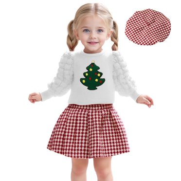 Zecgelong Christmas Winter Girls Outfits Set Fashion Sleeve Top Pleated Skirt Hat Coordinated Toddler Kid Clothes Holiday Party Dress Girls Animal Print Sets