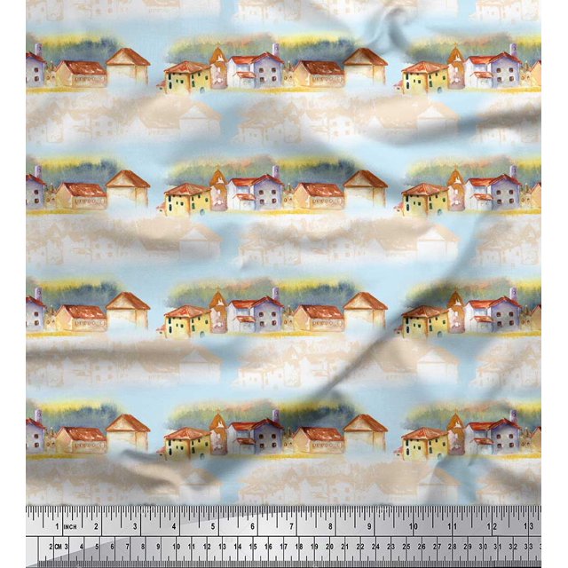 Soimoi Blue Heavy Canvas Fabric House & Landscape Nature Printed Fabric 1 Yard 58 Inch Wide